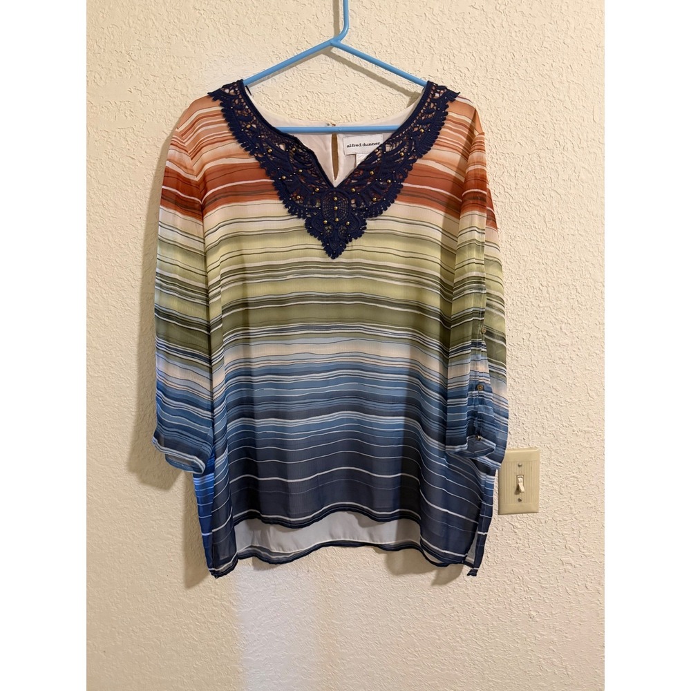 Alfred Dunner Women 18 Blue Green Ombre Stripe Crochet Lace VNeck Chiffon Blouse